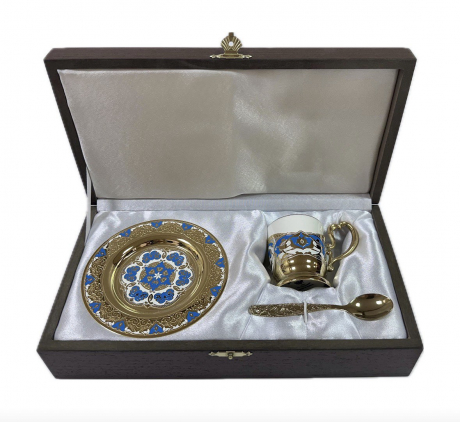 Кофейный набор "Синие тюльпаны" на одну персону (латунь с покрытием золотом)